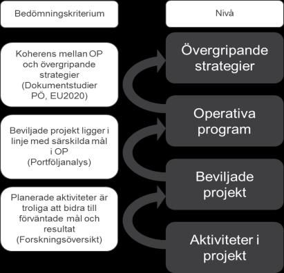 Figur 5 Steg 1 i utvärderingen är en bedömning om respektive program är relevant utformat för att nå uppsatta mål och bidra till förväntade resultat.