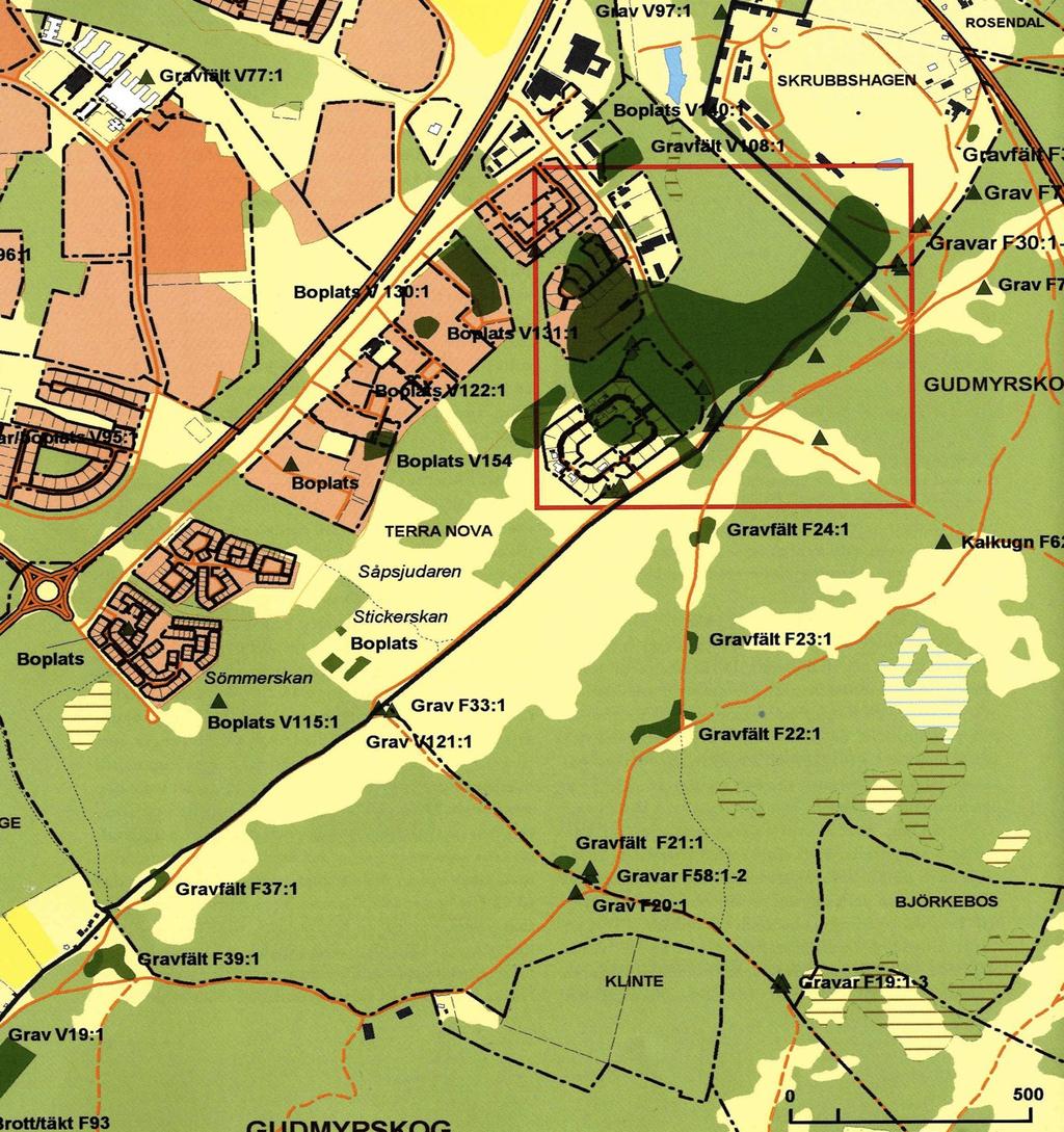 Figur 2. Karta över Terra Novaområdet. Karta av Leif Zerpe (Pettersson 2011:28). År 1980/81 undersökte Anna Lena Gerdin ett skärvstensröse i kvarteret Glasmästarens södra del.