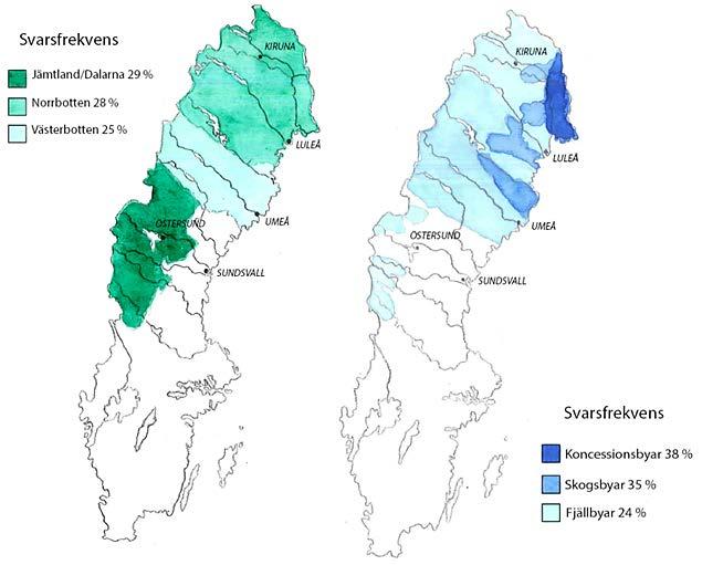 Tittar man på fördelningen av svaren på enkät 1.1 ser man att regionen Jämtland/Dalarna har högst svarsfrekvens, men i avseende sameby-typ är koncessionsbyarna de som skickat tillbaka flest svar.
