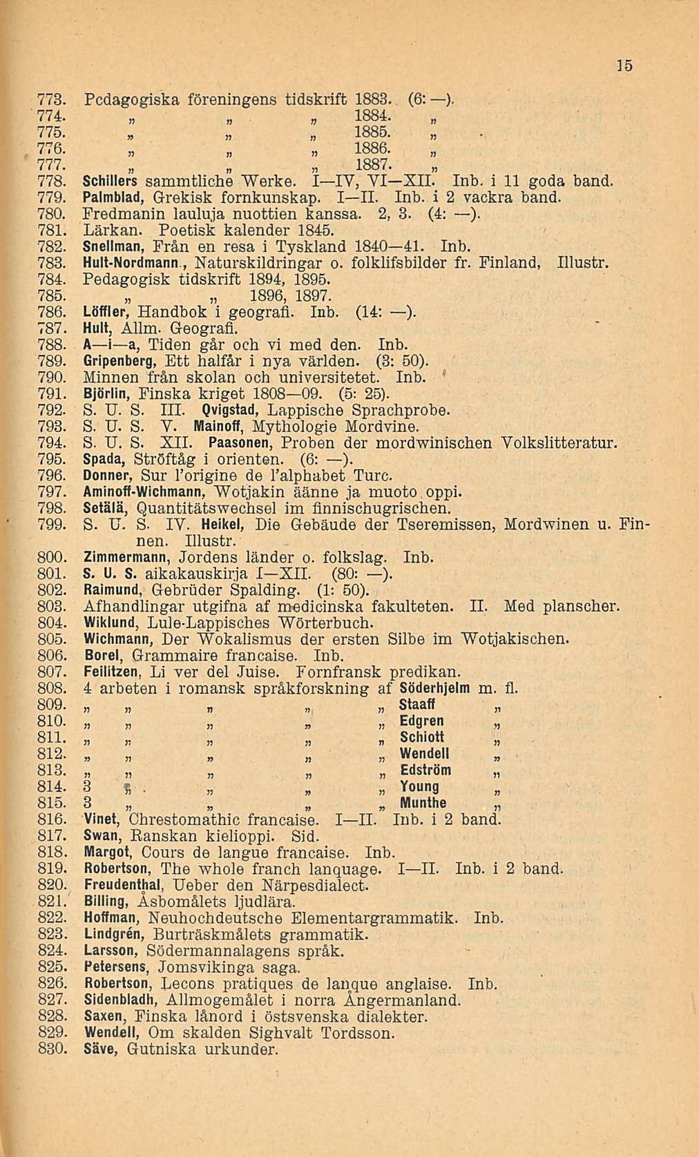 773. 774. Pcdagogiska föreningens tidskrift 1883. 1884. (6: ). 775., 1885. 776. 1886. 777. 1887. 778. Schillers sammtliche "Werke. I IV, VI XII. Inb. i 11 goda band. 779.