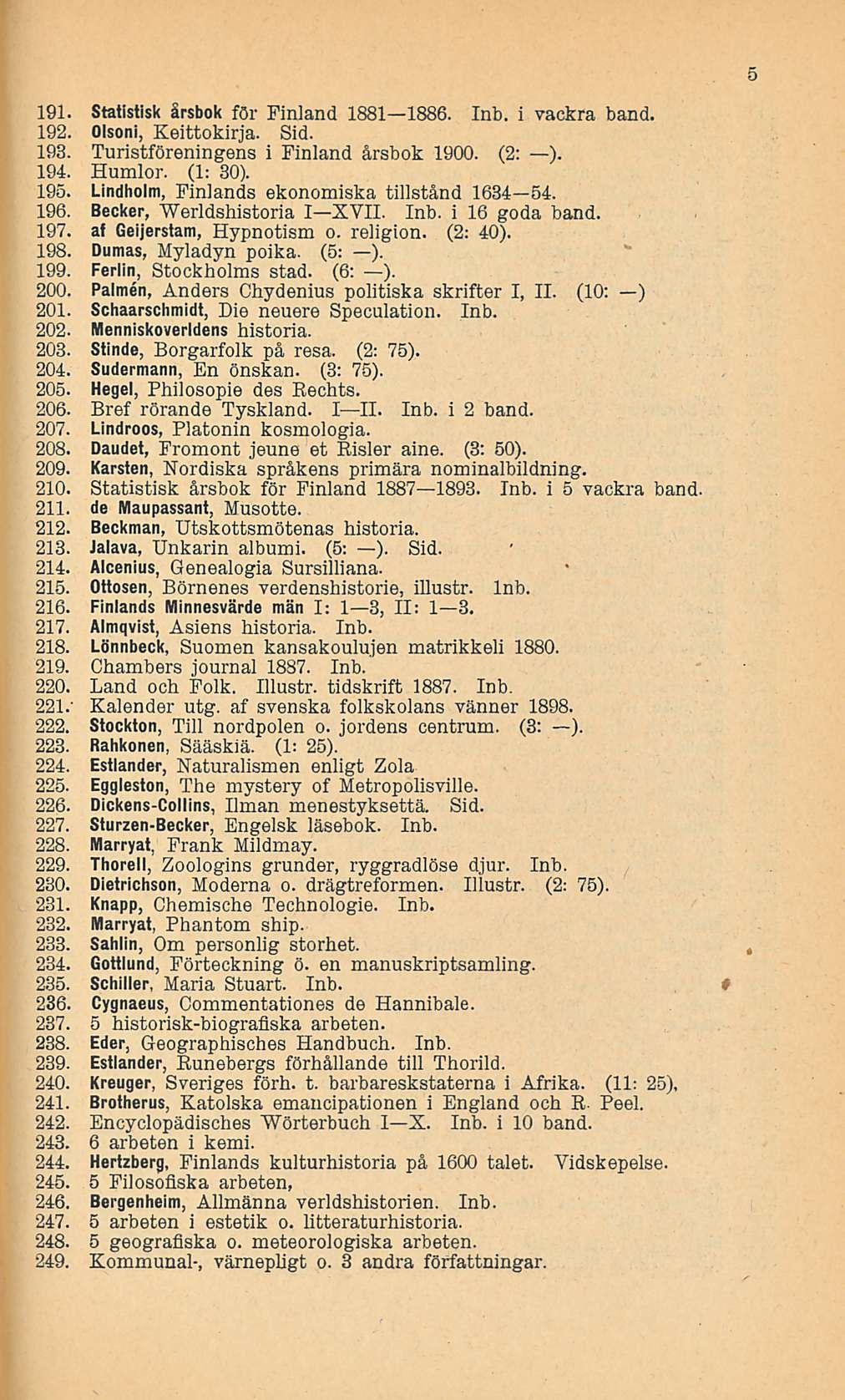 191. Statistisk årsbok för Finland 1881 1886. Inb. i vackra band. 192. Olsoni, Keittokirja. Sid. 193. Turistföreningens i Finland årsbok 1900. (2: ). 194. Humlor. (1: 30). 195.