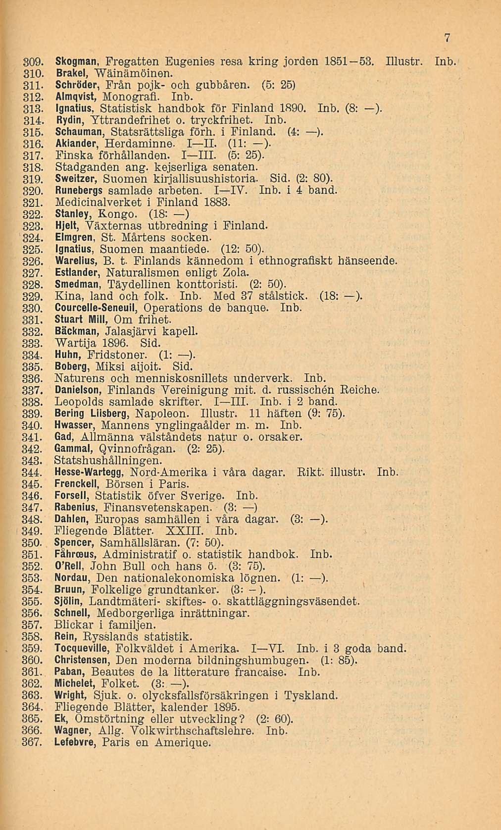 809. Skogman, Fregatten Eugenies resa kring jorden 1851 53. Illustr. Inb 310. Brakel, Wäinämöinen. 311. Schröder, Från pojk- och gubbåren. (5: 25) 312. Almqvist, Monografi. Inb. 313.