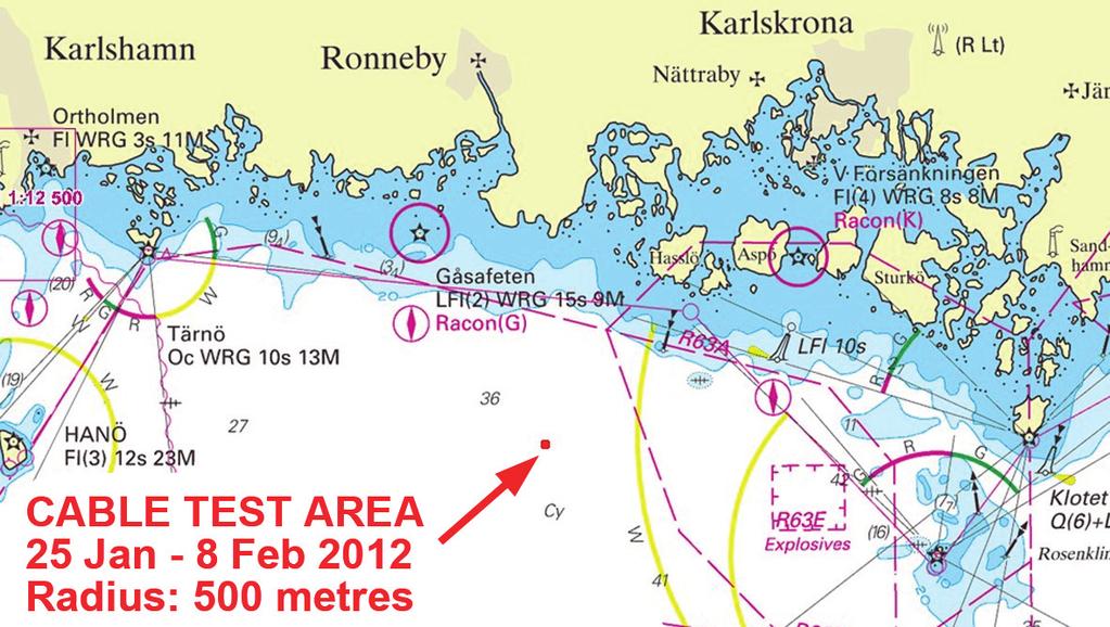 6 Södra Östersjön / Southern Baltic * 7644 (T) Sjökort/Chart: 74, 821 Sverige. Södra Östersjön. Syd om Ronneby. Test av kabelläggning.