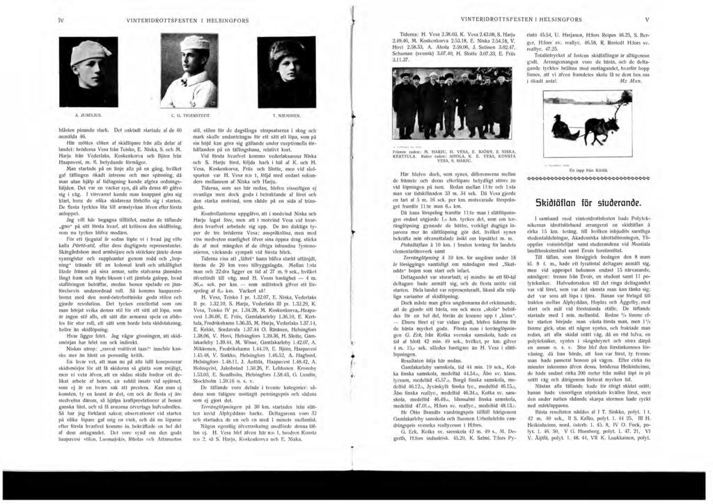 - - ----- iv VINTERIDROTTSFESTEN I HELSINGFORS VINTERIDROTTSFESTEN I HELSINGFORS V Tiderna: H. Vesa 2.38.3, K. Vesa 2.43.8, S. Harju 2.49.46, M. Koskenkorva 2.53.8, E. Niska 2.54.8, V. Hovi 2.58.