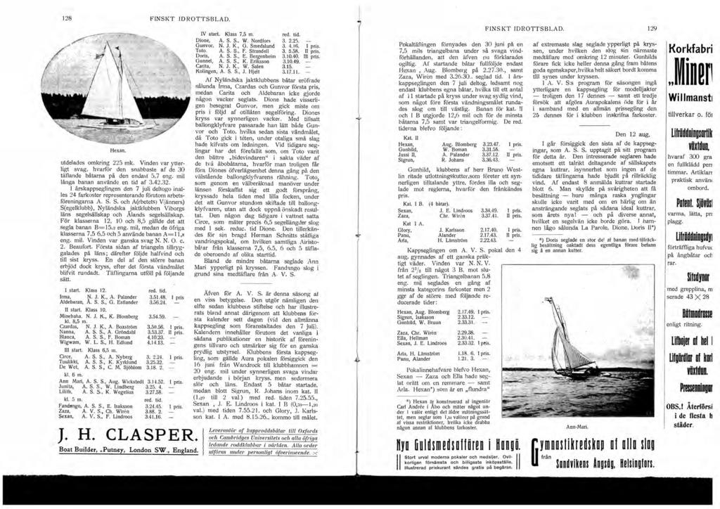 28 FINSKT IDROTTSBLAD. Hexan. utdelades omkring 225 mk. Vinden var ytterligt svag, hvarför den snabbaste af de 3 täflande båtarna på den endat 5, 7 eng. mil långa banan använde en tid af 3.42.32.