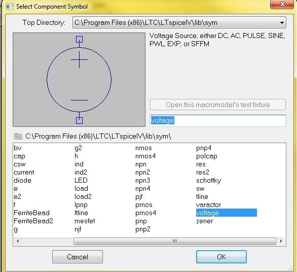 Figur 3: Dialog för att lägga till komponenter i LTspice. Till simuleringarna behöver man deniera en utsignal.