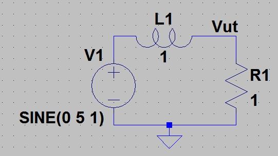 Figur 5: LR-krets med inlagda komponentvärden, spänningskälla. Utsignalen Vut kommer att mäta från jord till etiketten Vut, dvs över resistansen.
