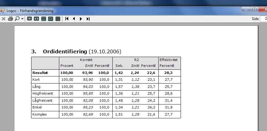 Tabell 2. Standardrapport deltest3 Standardrapporten har ett fält som heter Anmärkningar.