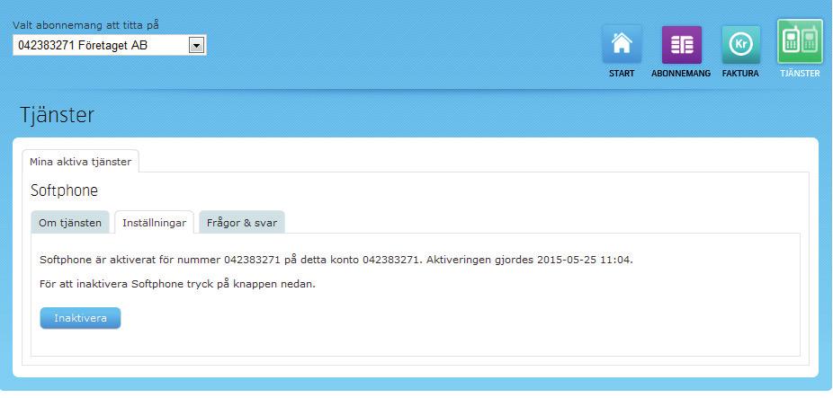 För att aktivera din Softphone-klient till Mina Sidor-kontot, klicka på knappen Aktivera Informationen i nedan bild visas med information om vilket konto din Softphone-klient är aktiverad till.