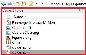 Kör programmet 1. Starta MATLAB 2. Lokalisera mappen med filerna guide_ex.m, guide_ex.fig och CaptureClean.jpg 3. Kontrollera att bildfilen: CaptureClean.jpg samt filerna: guide_ex.