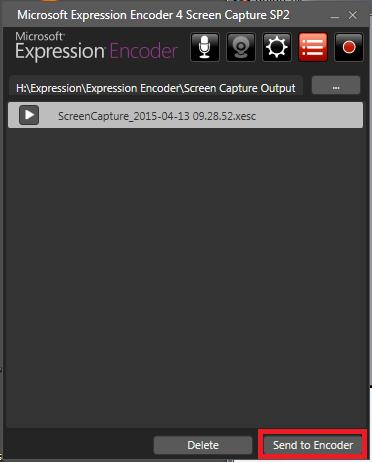 Den nyskapade filen dyker upp i Microsoft Expression Encoder 4 Screen Capture.