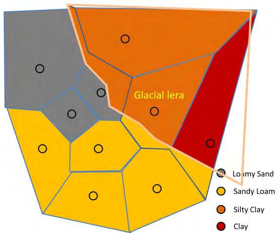 b) Framräknade Voronoipolygoner utifrån punkternas position och FAO:s jordartsklass. Det syns att Voronoipolygonerna för t.ex.