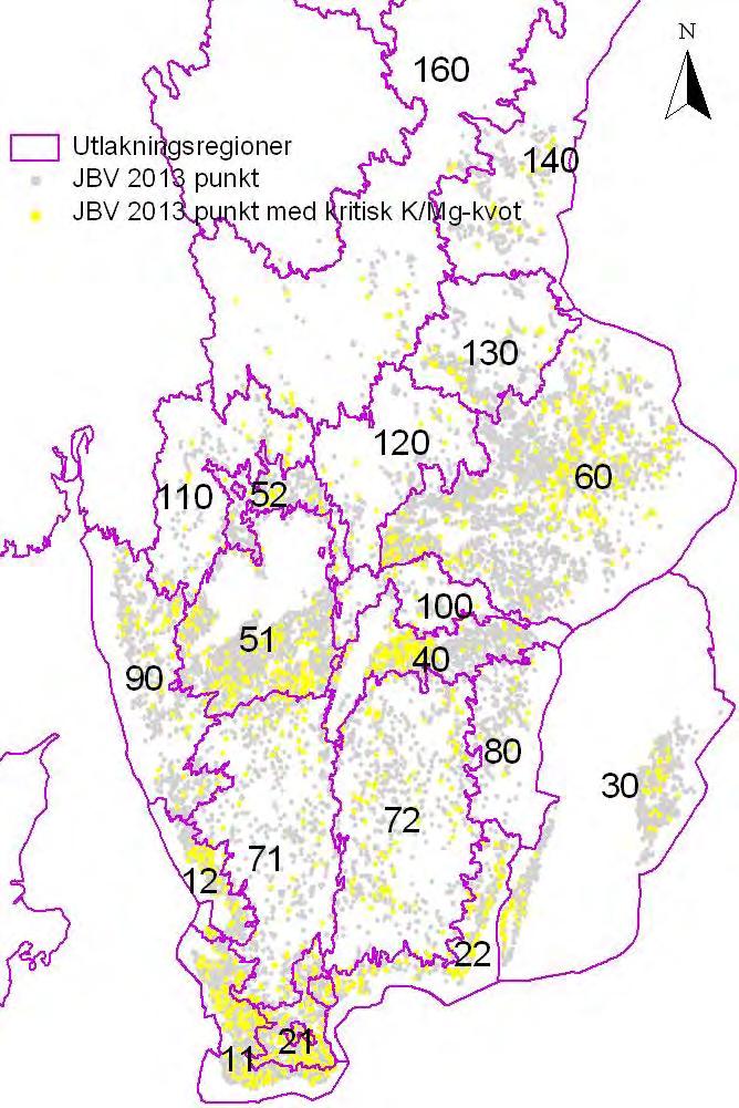 Figur 8. Geografisk fördelning av provtagna punkter med kritisk K/Mg-kvot (gulfärgade punkter). 3.