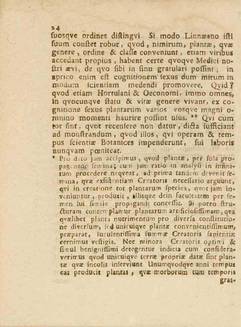 24 fuosqve ordines diflingvi Xi modo IknnZezno ifti fuum conftet robur, qvod, nimirum, pianta?, qvae genere, ordine & clalle con.