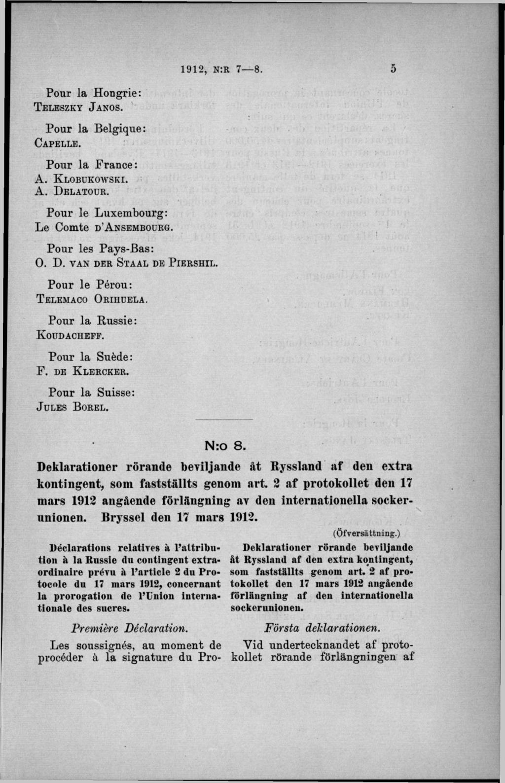 Pour la Hongrie: T e l e s z k y J a n o s. Pour la Belgique: C a p e l l e. Pour la France: A. K l o b u k o w s k i. A. D e l a t o u r. Pour le Luxembourg: Le Comte d A n s e m b o u r g.