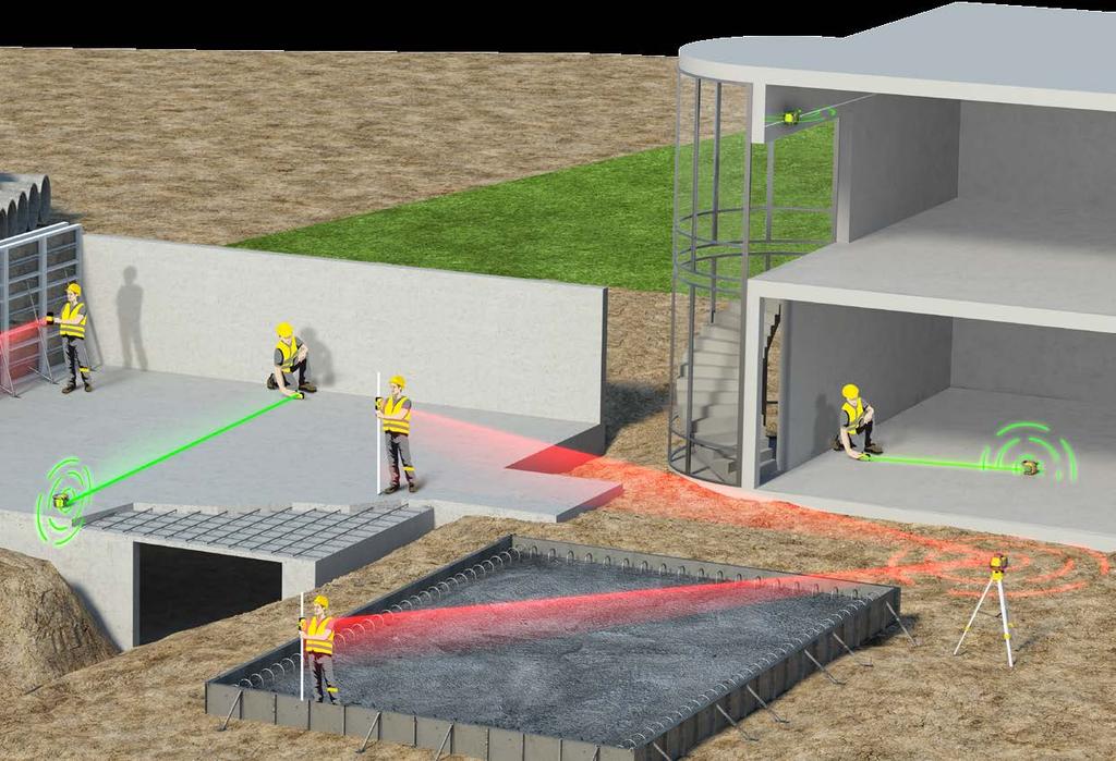8 5 9 6 7 5 Utsättning av väggar Automatisk uppriktning av två punkter och markering av position i vägg eller formarbeten. 7 Nivellering av formarbete Överföring av referenshöjd och formnivå.