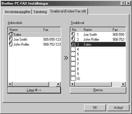 Ställa in kortnummer Välj fliken Snabbval i dialogrutan Brother PC-FAX Inställningar genom att klicka på fliken Snabbval.