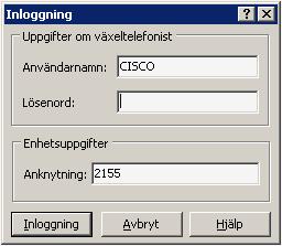 Logga in Kapitel 1 Komma igång Logga in Logga in med ditt användarnamn, lösenord och anknytningsnummer. Varje användare har ett unikt ID som används för att logga in i Cisco Unified Attendant Console.