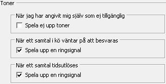 Följande alternativ är tillgängliga på denna flik: När jag har angivit mig själv som ej tillgänglig För det här alternativet använder du kryssrutan Spela ej upp toner.