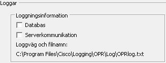 Använd kryssrutorna för att styra följande loggning: Databas: Aktiverar loggning av databasaktiviteter i konsolprogrammet.