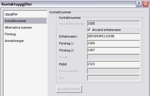 Kontaktegenskaper Kapitel 3 Med Cisco Unified Attendant Console Använd nummer På fliken Kontaktnummer i fönstret Kontaktuppgifter kan du väja ett externt telefonnummer för kontaktpersonen och klicka