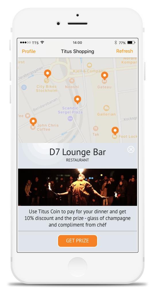 Titus Shopping Titus Shopping är en GPS baserad app som visar alla närliggande handlare som tar emot Titus Coin och som ger