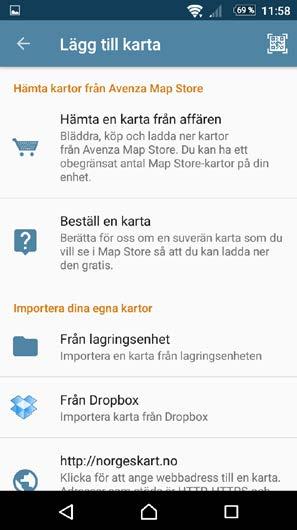 Öppna karta från mejlbilaga eller från lagringsenhet på telefonen (bara i Android) I Android kan man även öppna en karta som