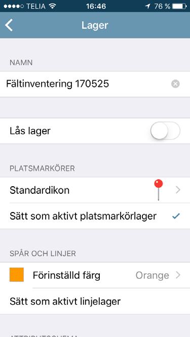 Skapa ett lager för att registrera punktinformation Här skiljer det ganska mycket mellan iphone och Android. Vi börjar med iphone Tryck på Inställningar för platsmarkörer.