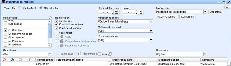 1. Inkommande osorterade remisser Remisstatus: (1) Obedömd Mottagande enhet: Vårdcentralen XXX Välj sedan Spara som filter och döp filtret till Inkommande osorterade Hantera och omrikta remissen till