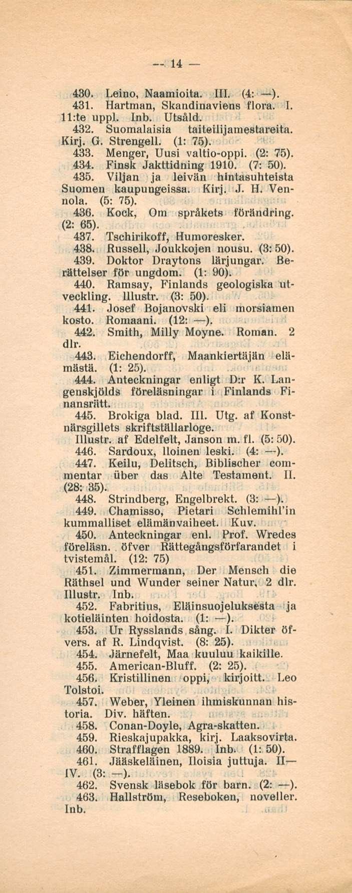 14 430. Leino, Naamioita. 111. (4: ). 431. Hartman, Skandinaviana flora. I. ll;te uppl. Utsäld. 432. Suomalaisia taiteilijamestareita. Kirj. G. Strengell. (1: 75). 433. Menger, Uusi valtio-oppi.