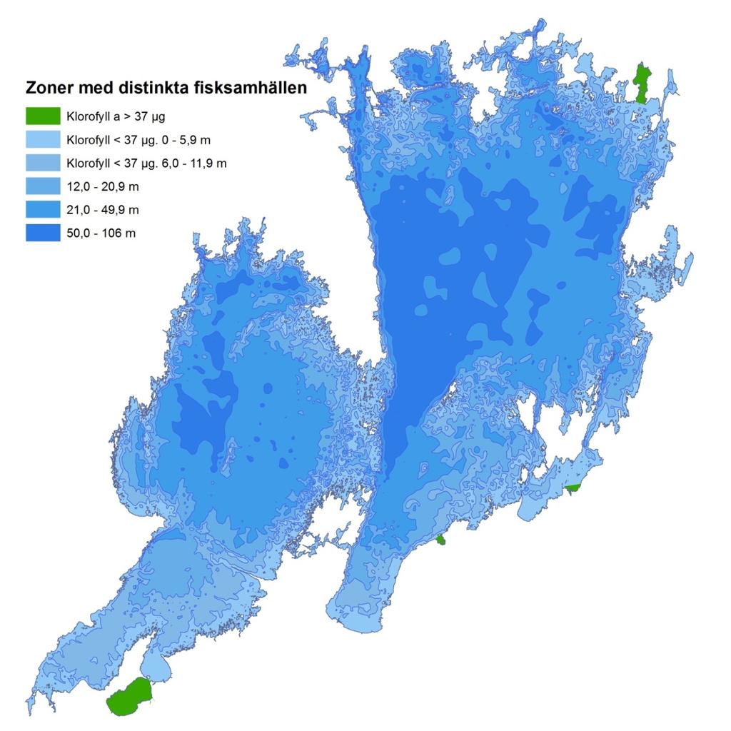 Figur 12. Karta över de identifierade fisksamhällenas utbredning. Kartan har skapats genom att överlagra två heltäckande kartor över koncentrationen klorofyll a och djup.