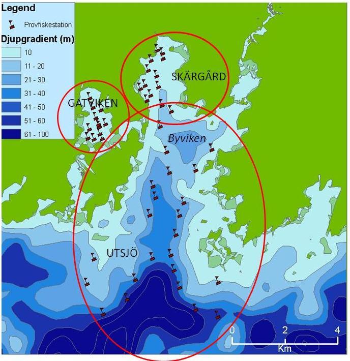 Figur 2. Området söder om Säffle. Provfiskestationerna är från 2010, innerst ligger Gatviken, längre ut Byviken och Säffle skärgård och längst söderut lokalerna i utsjön.