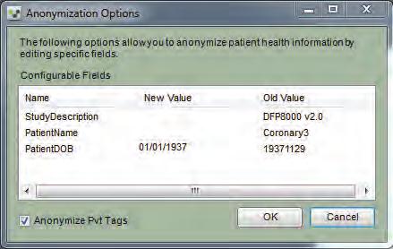 3. Klicka på Configure (konfigurera) om du vill ställa in anonymiseringsalternativ. Dialogrutan Anonymization Options (anonymiseringsalternativ) visas: a. Ange nya värden för de specifika fälten. b.