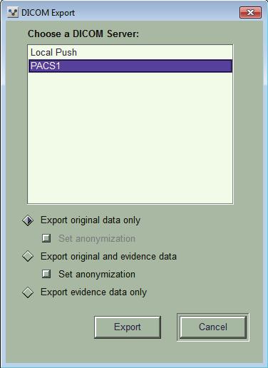 Export på volymnivå omfattar ursprungliga DICOM-data, 3D-volymer och eventuella 2D-serier. Du kan även inkludera ögonblicksbilder om de är associerade med den valda volymen.