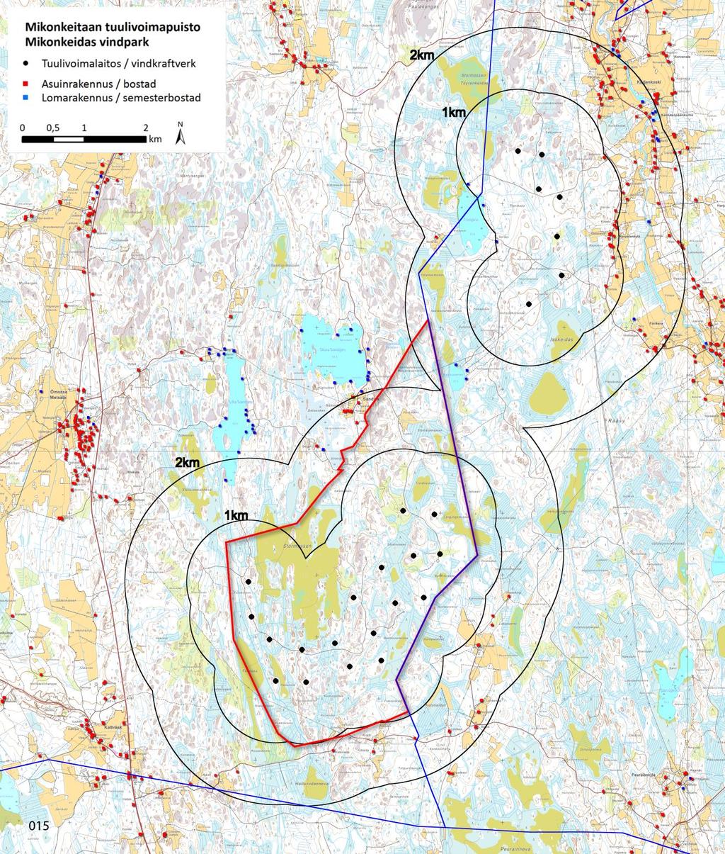 22, TEKN 17.2.2016 17:00 / Pykälän liite: Kaavaselostus_Planbeskrivning KRS_SWE[1] 17.2.20 FCG SUUNNITTELU JA TEKNIIKKA OY Planbeskrivning, Kristinestad 22 (97) Kristinestad 17.2.2016 Delgeneralplan för Mikonkeidas vindkraftspark Bild 14: Bostadshus (röda) och fritidshus (blå) samt avståndszonerna 1 och 2 km från vindkraftverken (svarta punkter).