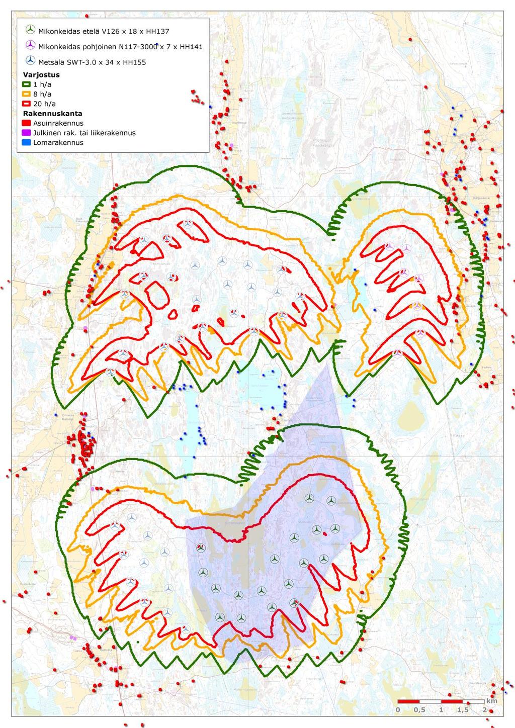 22, TEKN 17.2.2016 17:00 / Pykälän liite: Kaavaselostus_Planbeskrivning KRS_SWE[1] 17.2.20 FCG SUUNNITTELU JA TEKNIIKKA OY Planbeskrivning, Kristinestad 86 (97) Kristinestad 17.2.2016 Delgeneralplan för Mikonkeidas vindkraftspark Skuggbildning Bild 33: Sammanlagda skuggkonsekvenser tillsammans med Metsälä.