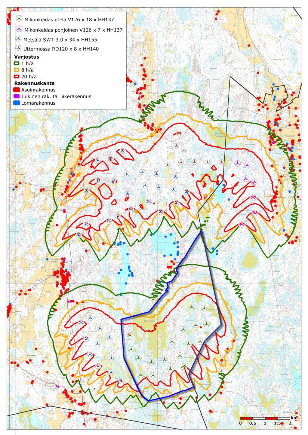 22, TEKN 17.2.2016 17:00 / Pykälän liite: Kaavaselostus_Planbeskrivning KRS_SWE[1] 17.2.20 FCG SUUNNITTELU JA TEKNIIKKA OY Planbeskrivning, Kristinestad 87 (97) Kristinestad 17.2.2016 Delgeneralplan för Mikonkeidas vindkraftspark Bild 34: Sammanlagda skuggkonsekvenser tillsammans med Metsälä och Uttermossa.