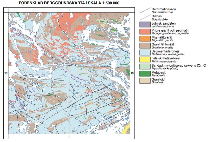 Figur 2. Berggrundskarta över Stockholms län (SGU) Stockholms berggrund domineras av sedimentgnejser, granitiska gnejser och fin-medelkorniga yngre graniter, se Figur 2.