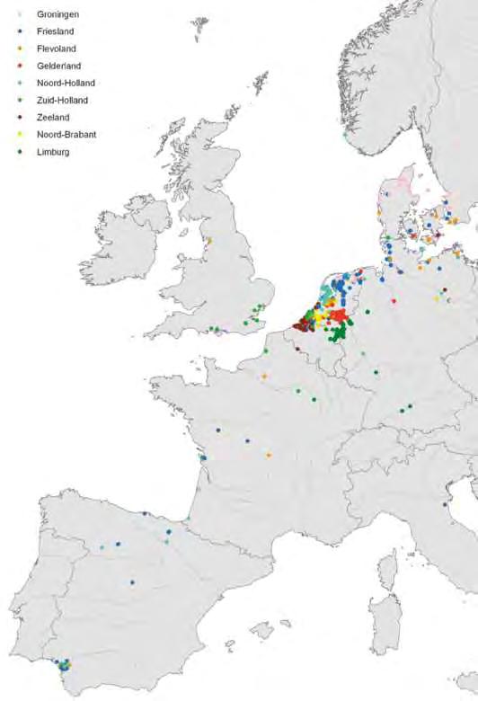 Figure 4. Observations outside the borders of the country of neck/banded Greylag Geese from different ringing sites in the Netherlands.
