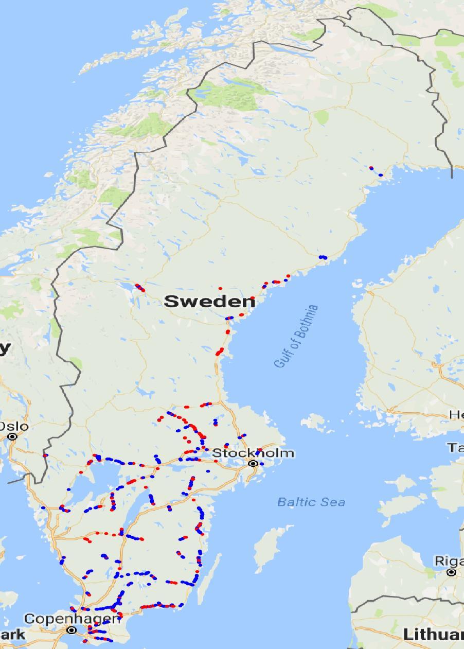 Figur 2. Mätplatser för MLV och MML 100 km/h. blå markeringar är mätningar på enfält och röda markeringar visar mätningar på omkörningssträckor.