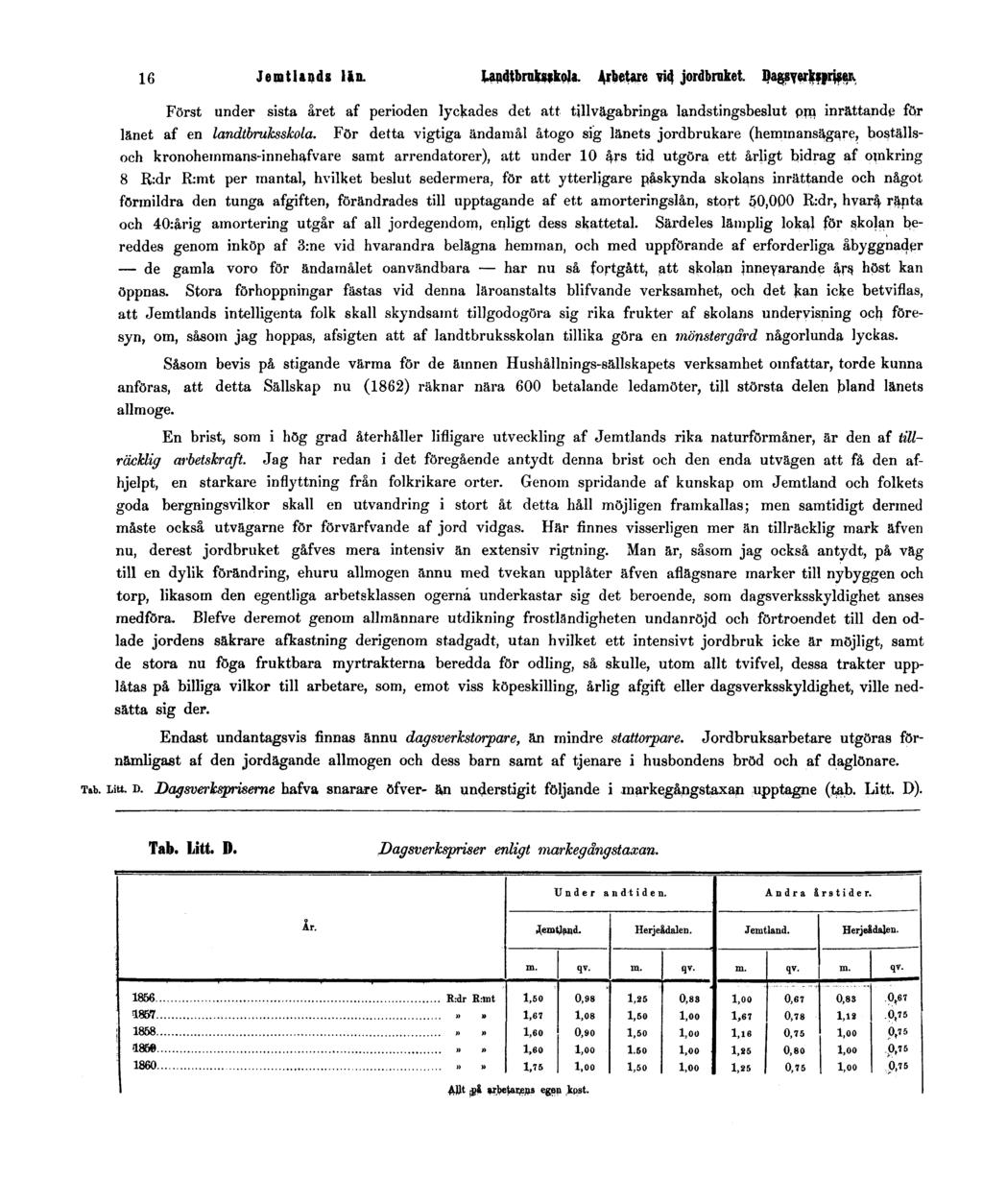 16 Jemtlands län. Landtbruksskola. Arbetare vid jordbruket. Dagsverkspriser.