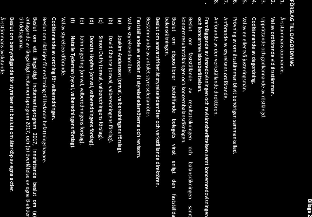 Bilaga 2 FÖRSLAG TILL DAG ORDN ING 1. Årsstämmans öppnande. 2. Val av ordförande vid årsstämman. 3. Upprättande och godkännande av röstlängd. 4. Godkännande av dagordning. 5.