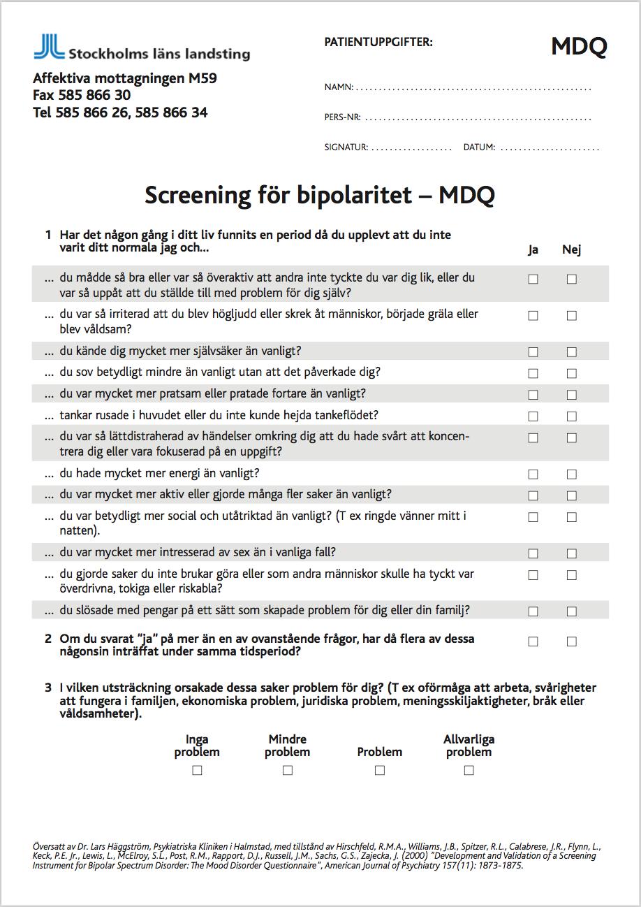 MDQ - Mood Disorder Questionarie Screeningformulär Patienten