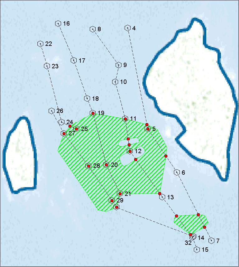BILAGA B. Resultat från inventering med UVkamera 2006 Karta 3. Karta över Gjusklabbsundet. De 5 filmade transekterna är markerade med streckade linjer.
