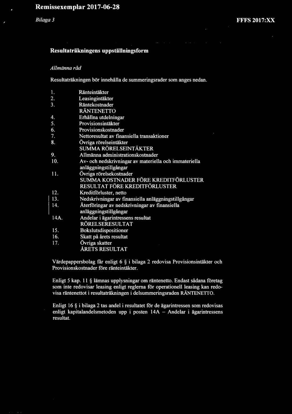 Bilaga 3 FFFS 2017:XX Resultaträkningens uppställningsform Resultaträkningen bör innehålla de summeringsrader som anges nedan. 1. 2. 3. 4. 5. 6. 7. 8. 9. 10. 12. 13. 14. 14 A. 15. 16. 17.