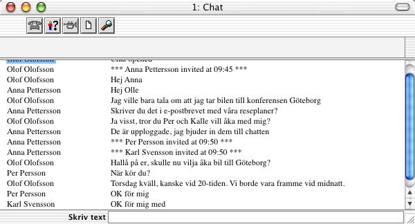Kapitel 2: E-post Chat 3. Dubbelklicka på ett namn i rapporten för att öppna ett chat med den personen. Fönstret Chat öppnas. Menyn Funktioner 4.