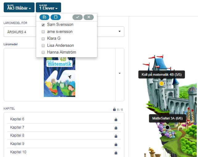 Så här gör du: Välj läromedel först genom att klicka på skylten på ön. Välj sedan vilka kapitel du vill aktivera/avaktivera i rutan till vänster genom att klicka på hänglåset vid kapitlet.
