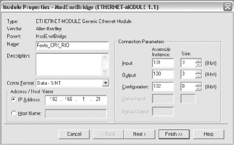 2. Idrifttagning 1 Namn (kan väljas fritt) 1 2 2 Assemblyinstanser 3 Storlek på Configuration Assembly (se förklaringen i texten) 4 IP-adress 5 Dataformat 5 4 3 Bild 2/7: Ange värden för Module