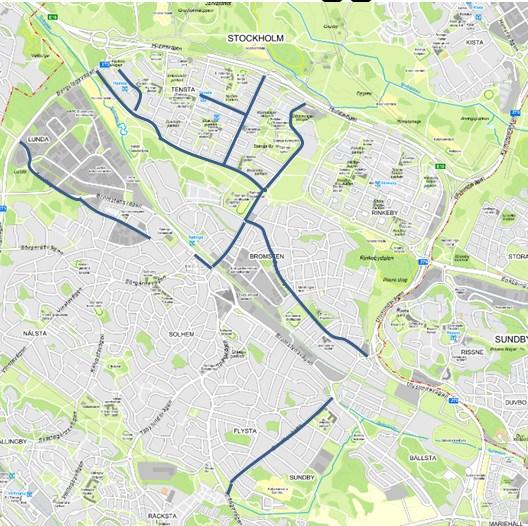 Sida 17 (22) Figur 3: Utvalda sträckor i Spånga Tensta Kungsholmen Hastigheten höjs från 30 km/h till 40 km/h Enligt principerna för nya hastighetsgränser ska gator som ingår i huvudgatunätet med