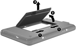 5. Skjut batteriets högra frikopplingsmekanism (3) åt höger så att den låser fast batteriet. Så här tar du ut batteriet: 1. Koppla bort alla externa enheter. 2.